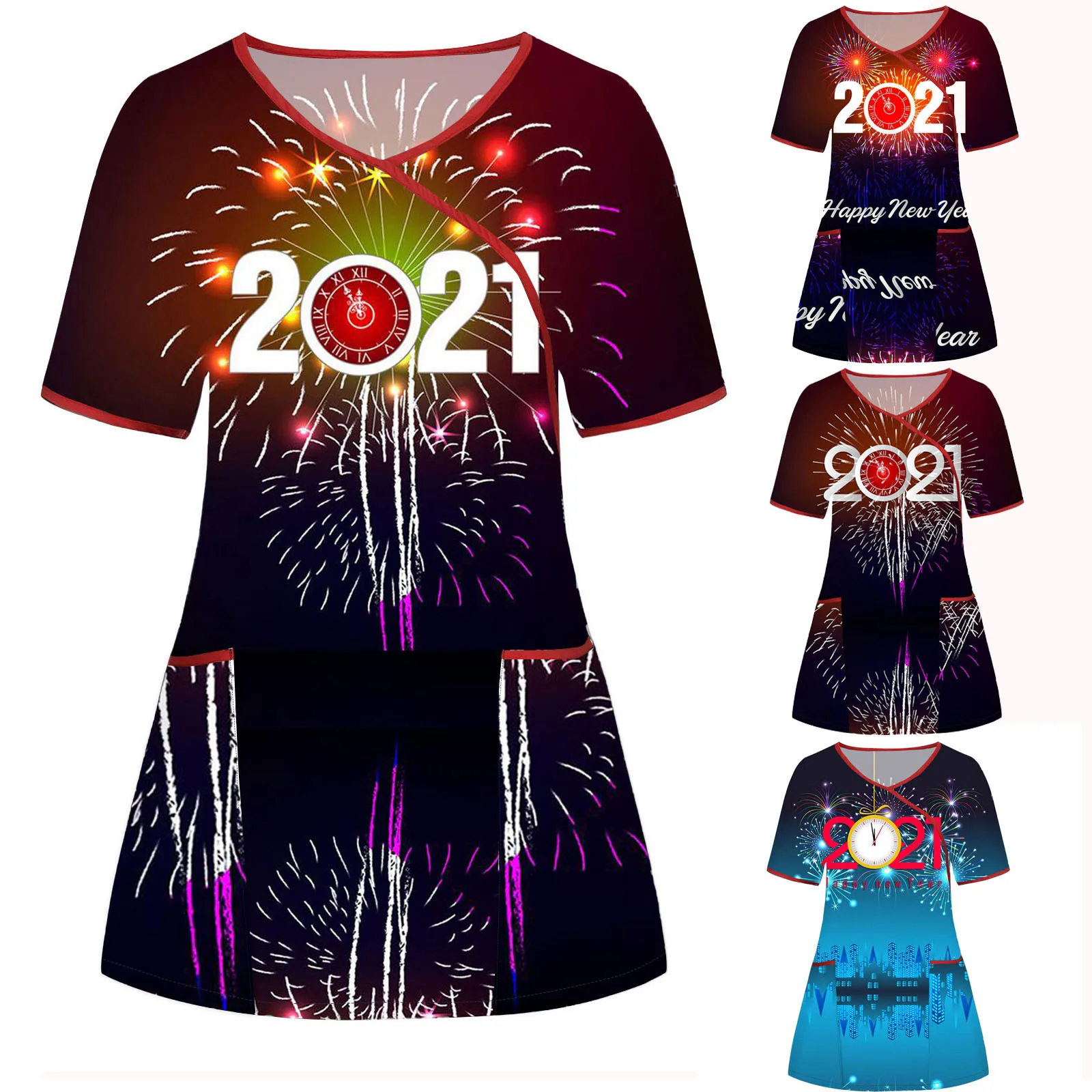

2021 Uniforme Enfermera Women Thanksgiving Nurse Overalls Short Sleeve V-neck Tops Working Blouse Workwear q5
